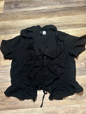 H&M Divided Black Ruffle Lace-Up Blouse Y2K Romantic Goth Top